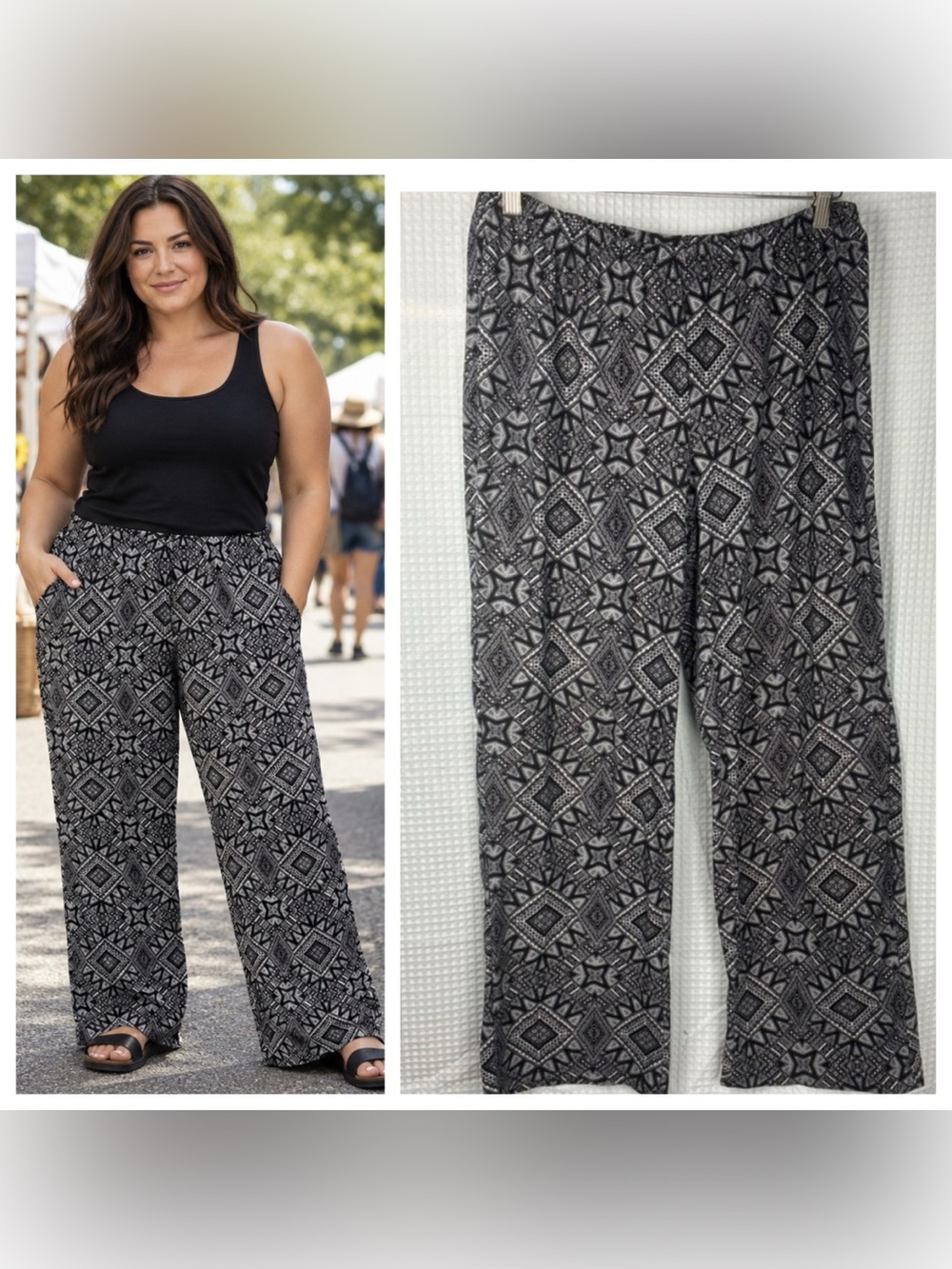 Bobbie Brooks Wide-Leg Soft Jersey Black Ivory Mandala Boho Lounge Pants L Femme